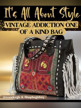 Vintage Addiction Black Leather & Vintage Fabric Tote Bag EUC Price Firm